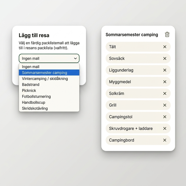 Skärmdump av en packlistemall i CampIdag